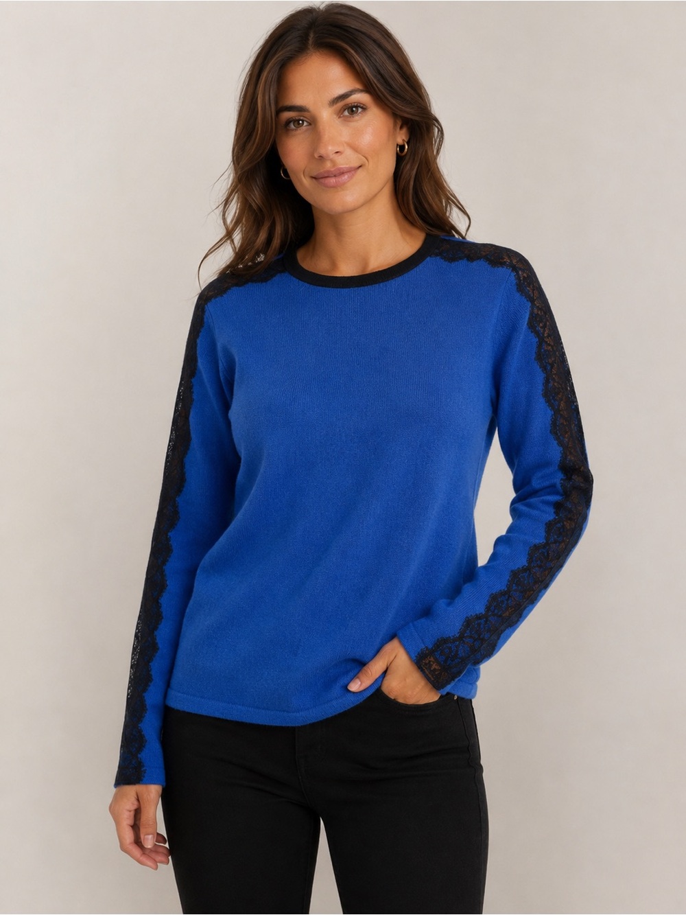 Neiman Marcus 100% Cashmere Blue Black Lace Sweater XL